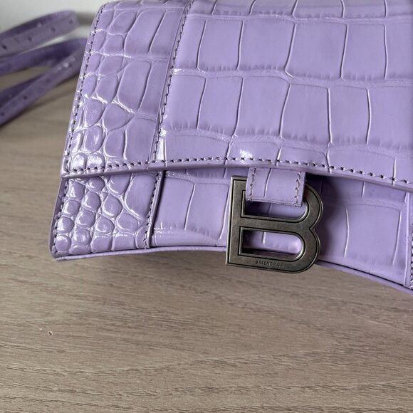 NWT Balenciaga Hourglass Small Top Handle Bag Lilac Croc Embossed Leather - Picture 8 of 11